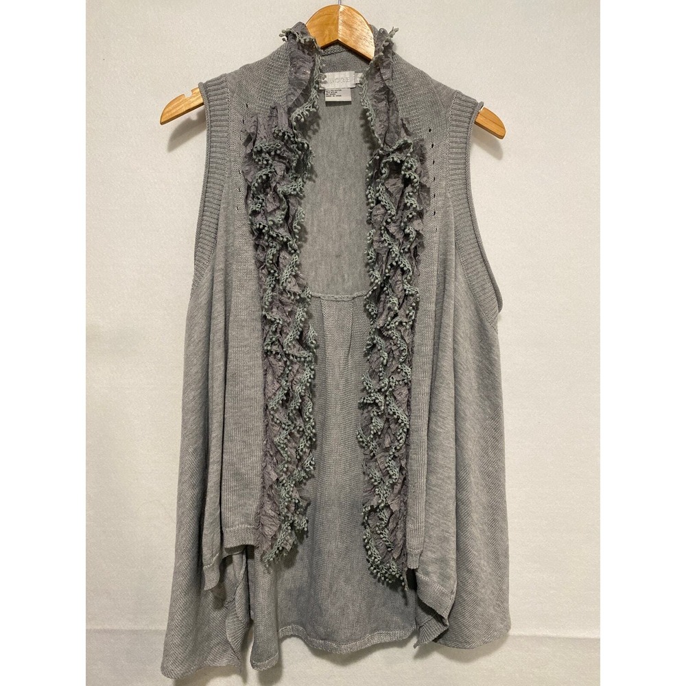 ADORE‎ Womens Gray Ruffled Lace Trim Sleeveless Cardigan Vest Sweater M Boho